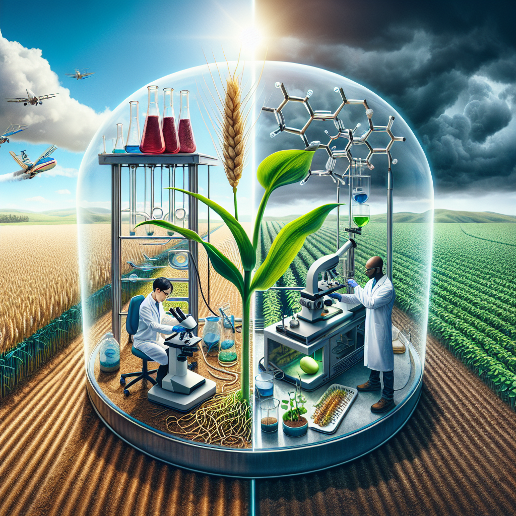 Show a pristine farm landscape with a close-up view of a wine-colored wheat field and a futuristic transparent science lab set up amidst it. Inside the lab, have two scientists, one an East Asian male, the other a Black female, engrossed in scrutinizing a wheat plant under a sophisticated microscope. On one side of the image depict a set of scales: on one end, a bag marked with the chemical symbol for Glyphosate, and on the other end, a healthy sprout. The sky above should be half sunny, half stormy, symbolizing the controversy surrounding Glyphosate's future.